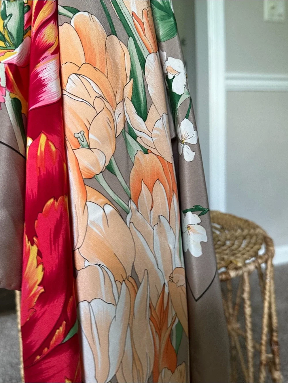 Floral 100% Silk Scarf in Taupe with Red & Peach Blooms Tulip Italian